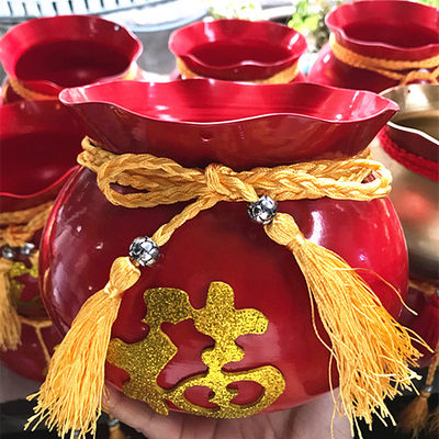 铁艺福桶插花器红色金色聚宝盆陶瓷瓶插花瓶家居装饰客厅摆件摆设