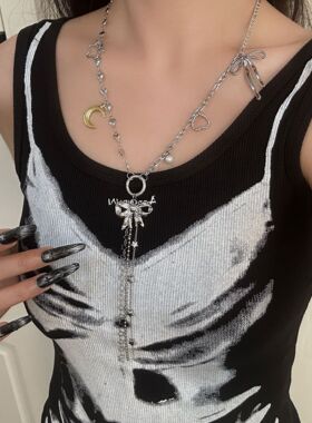甜酷风心形流苏项链高级感星星蝴蝶结吊坠设计感毛衣链颈链配饰潮
