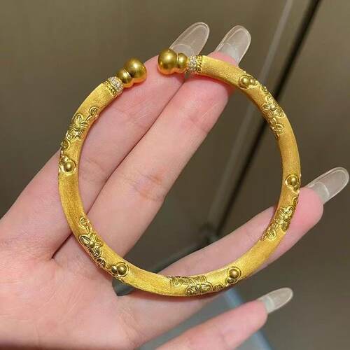 古法沙金黄色拉丝樱花葫芦开口手镯女轻奢小众精致新中式古风手环