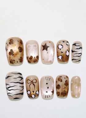 秋冬爆款豹纹Kitty猫眼细闪穿戴甲可爱甜辣美甲贴片nails棕色系