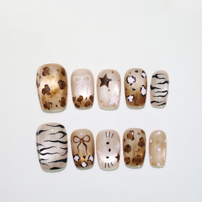 秋冬爆款豹纹Kitty猫眼细闪穿戴甲可爱甜辣美甲贴片nails棕色系
