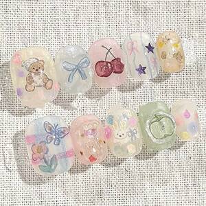 ins风春日韩系少女心可爱穿戴甲短款清透春日童趣美甲贴片小熊