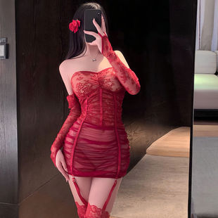性感辣妹纯欲露肩抹胸长袖 蕾丝透视包臀裙御姐夜店酒吧裹胸连衣裙