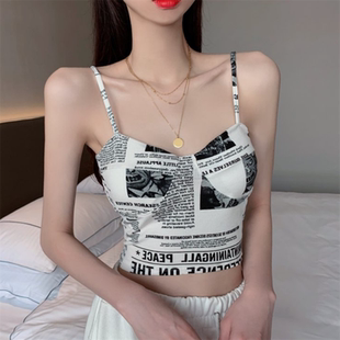 上衣女 报纸印花斜肩镂空美背吊带背心性感短款 2022春夏季 网红爆款