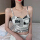 报纸印花斜肩镂空美背吊带背心性感短款 2022春夏季 网红爆款 上衣女
