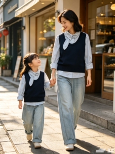 秋季新品 女童可亲子 浅蓝衬衫+藏青马甲 2件套套装 599元