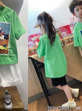 I DO KIDS品牌 夏装 男童女童可亲子 绿色卡通圆领短袖T恤