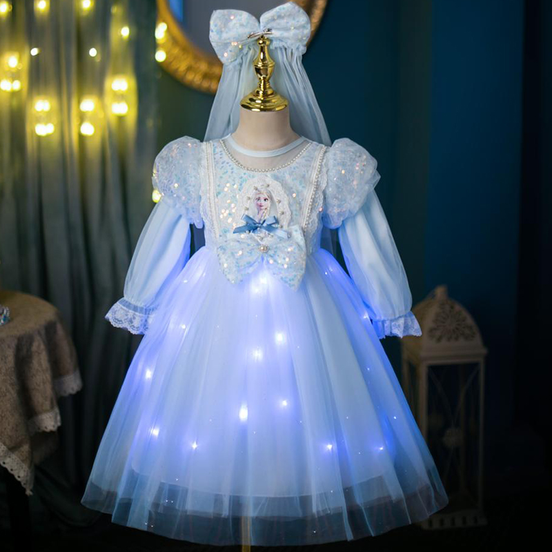 爱莎公主裙发光裙子长袖女童秋季