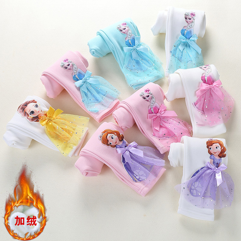 冰雪奇缘女童加绒打底裤秋冬新款纯棉爱沙长裤小女孩儿童外穿裤子