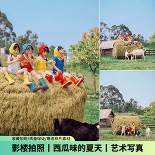 红色头巾儿童摄影服装夏天多巴胺户外景照宝宝百天周岁照影楼拍照