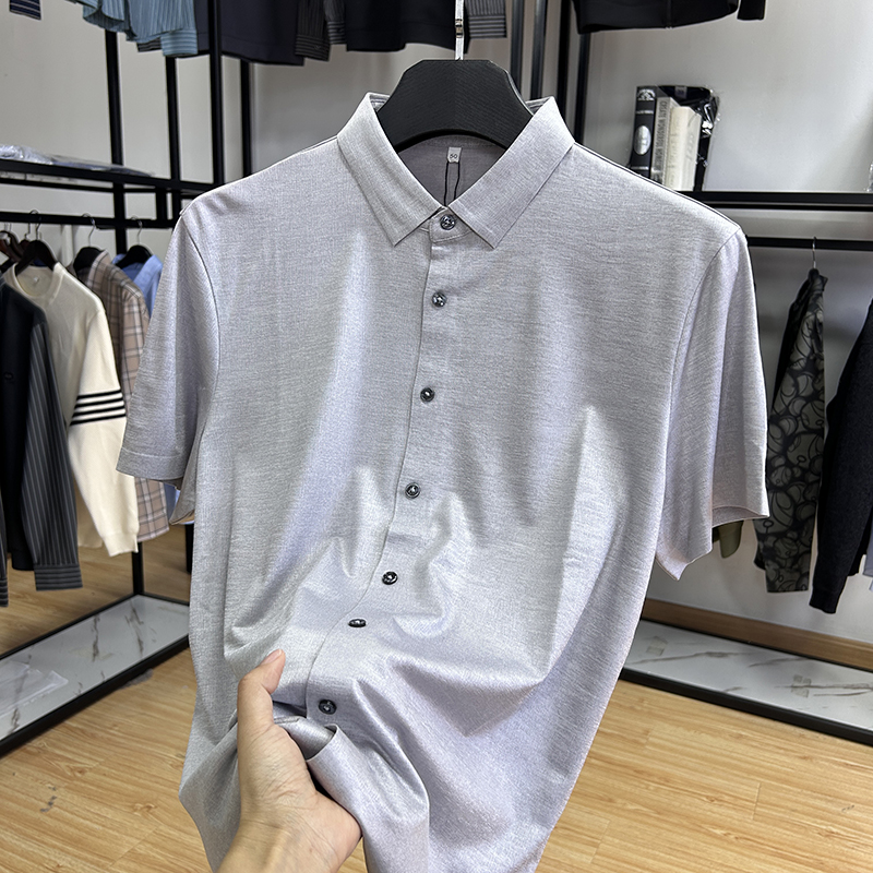 压胶无痕商务轻奢垂坠丝滑透气休闲尖领短袖衬衫夏季新品修身衬衣