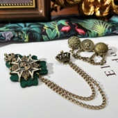 复古欧式 美人头胸针古青色链条徽章西服小别针流苏胸针学院风胸章