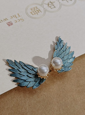 复古珐琅彩釉翅膀胸针女衬衣领针中古蓝色翅膀领扣领角装饰别针