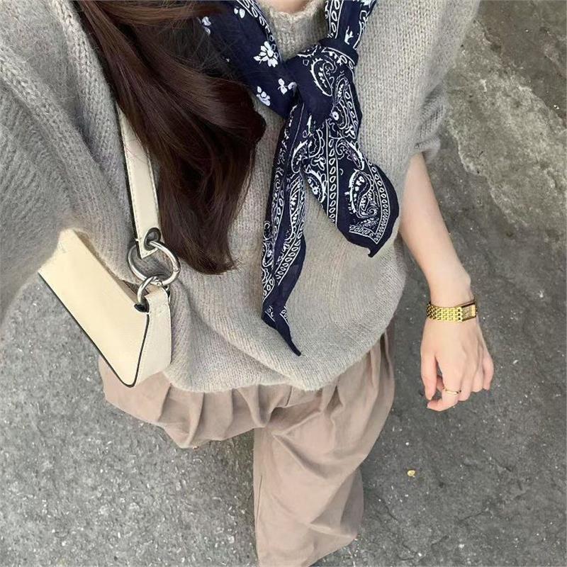 古力娜扎同款丝巾领巾美式复古网红头巾方形韩系格子菱形腰果蓝