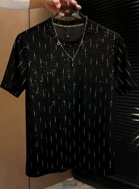 欧洲站潮牌轻奢圆领短袖T恤男黑色满天星烫钻休闲百搭潮流上衣夏
