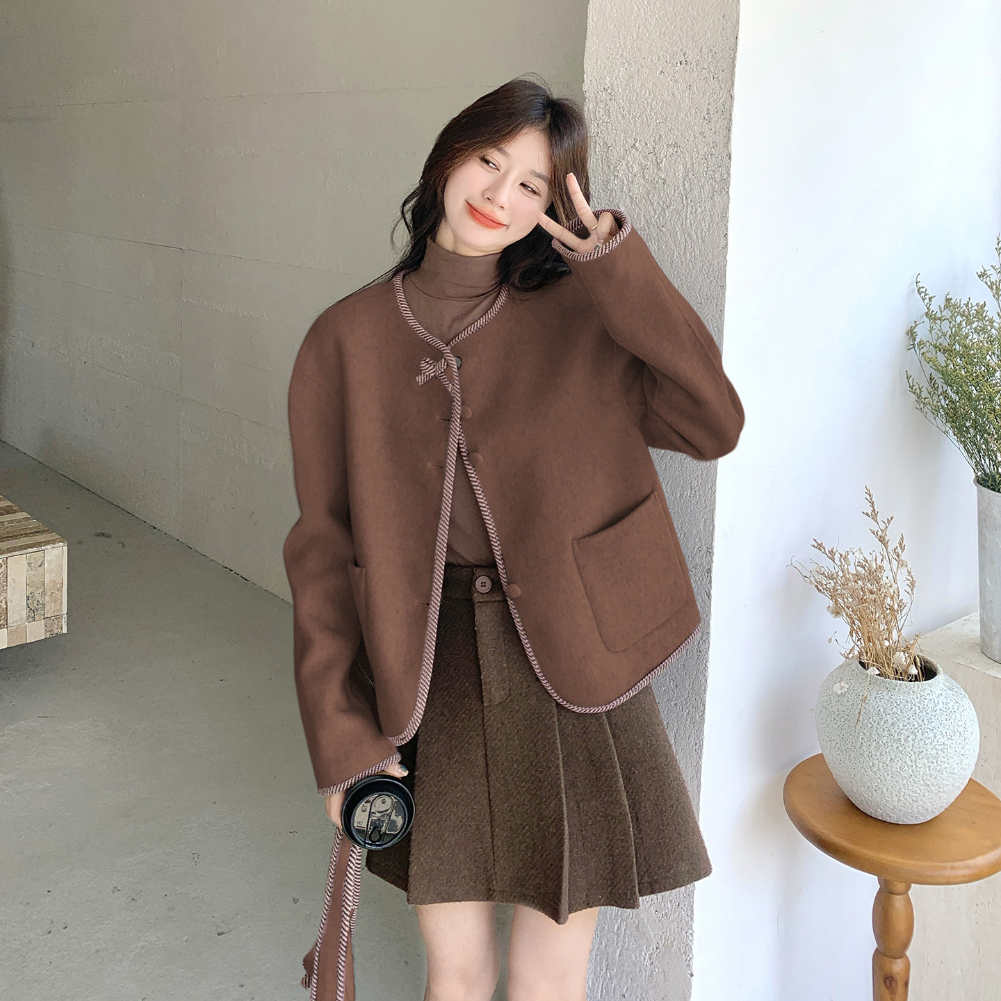 新款现货！秋冬带包包羊毛双面呢大衣短外套2C296-9551-P245K328,女装毛呢外套,2C296