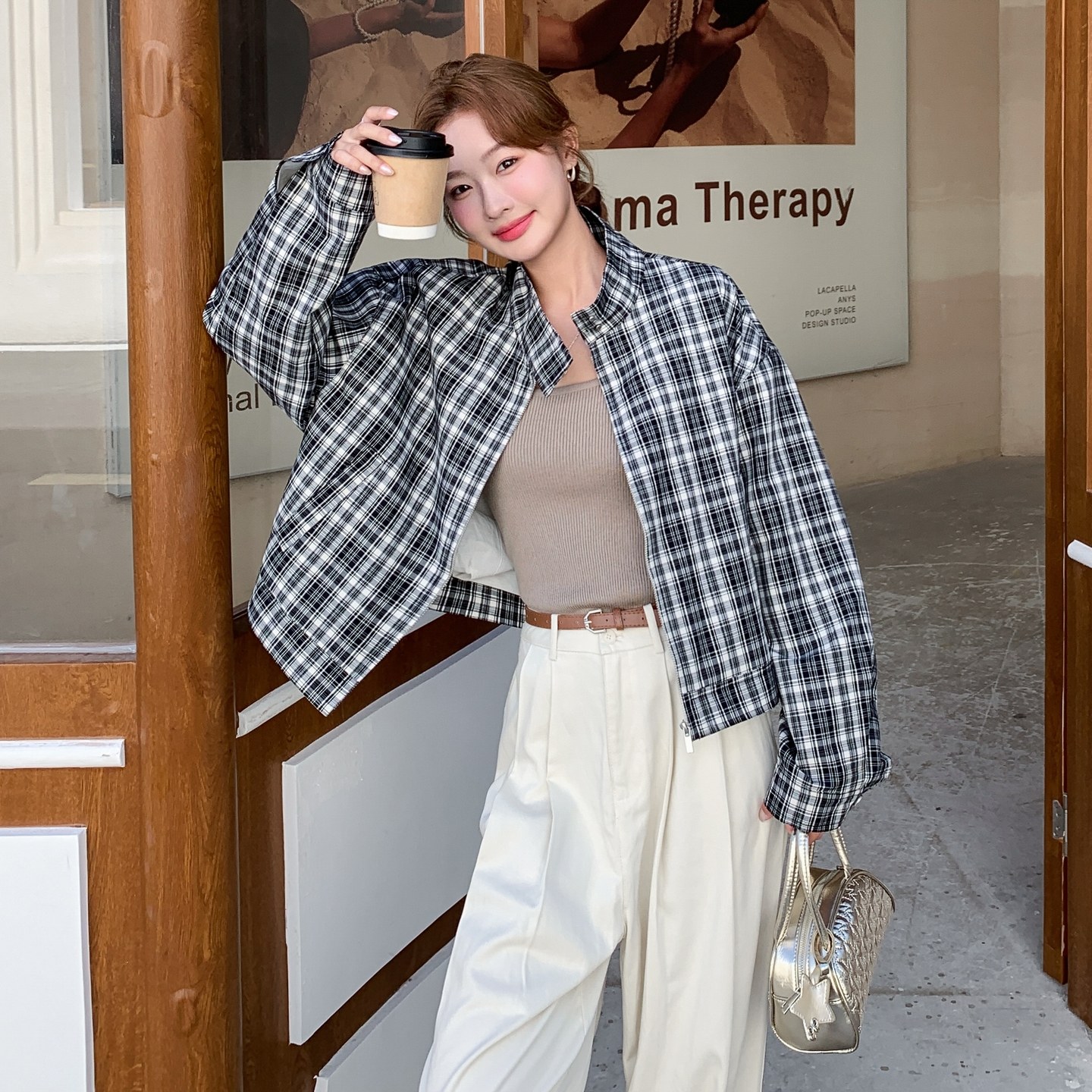 【新品】数据好！黑白格小个子短款外套2C296-9532-P155K218图片