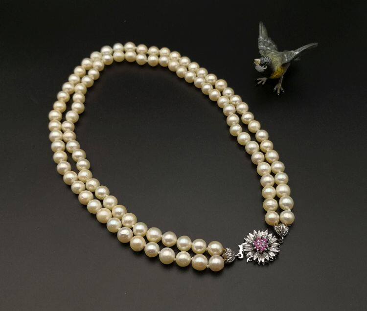 经典AKOYA双股海水珍珠项链 750/18K白金红宝石花朵扣 k