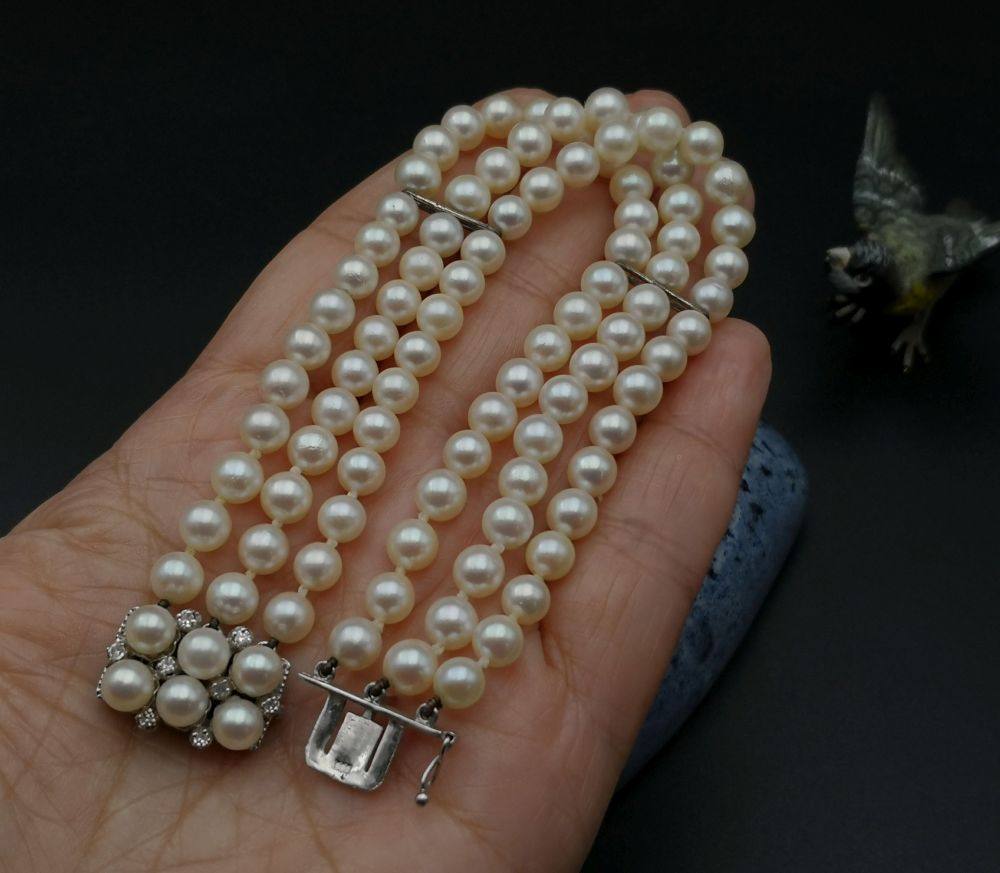 德国585/14K白金AKOYA天然海水珍珠经典三股手链 颗颗小灯泡