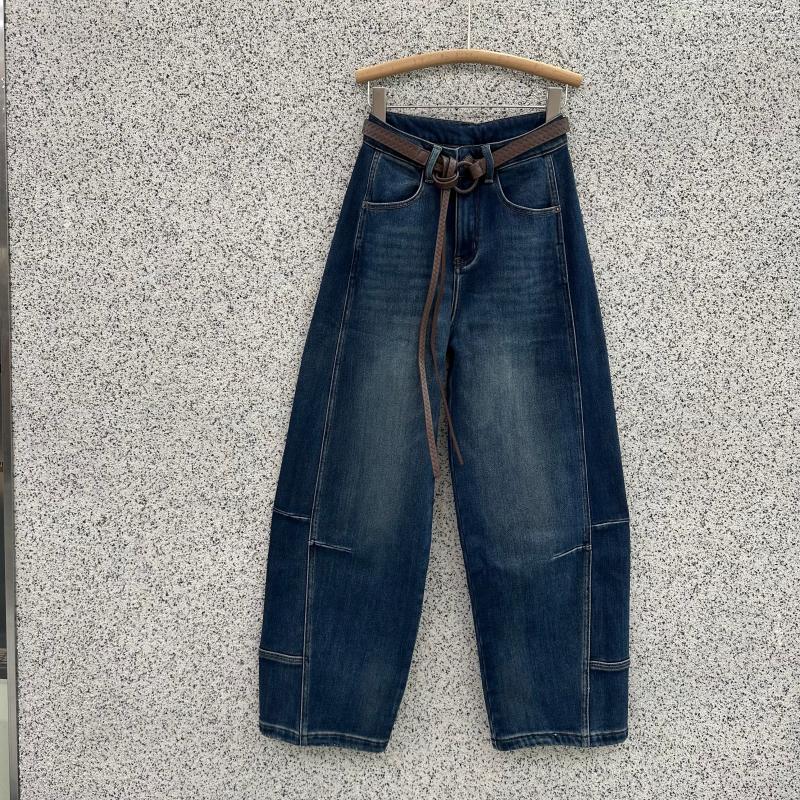 JEANS芭度玄风60979薄绒深蓝高腰牛仔裤女宽松显瘦阔腿弯刀拖地裤