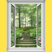 竖款 3D仿真假窗户自粘贴纸防水墙贴画装 饰森林风景竹林瀑布墙壁纸