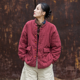 秋冬季原创民族风夹棉女装棉麻棉衣保暖短款棉袄宽松棉服复古外套