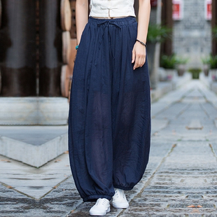 棉麻女装高腰春秋宽松休闲裤复古太极瑜伽麻纱松紧腰灯笼裤长裤子