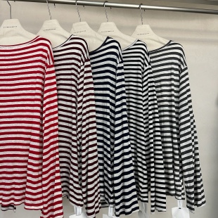 复古红色条纹长袖 宽松上衣空调衫 防晒t恤罩衫 外搭薄款 女夏季 美式