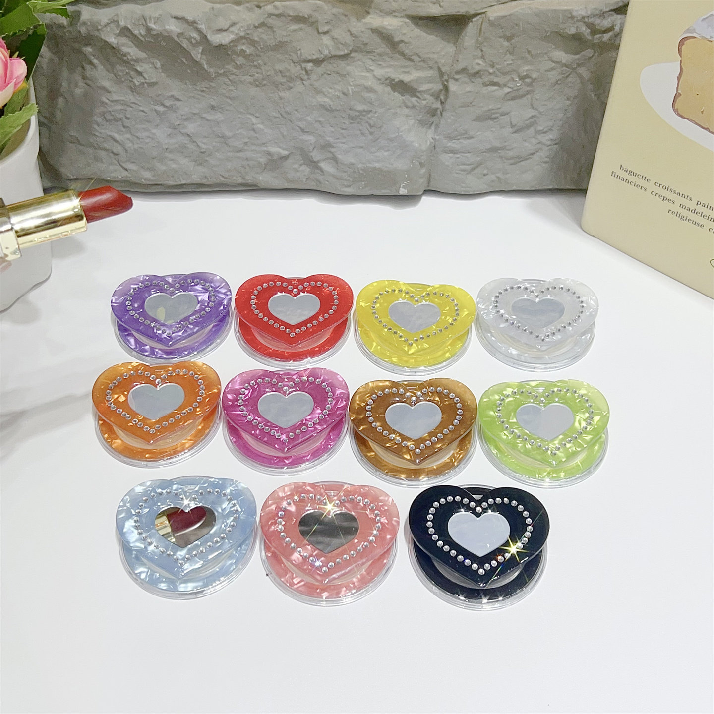 新款创意闪钻爱心镜子手机支架