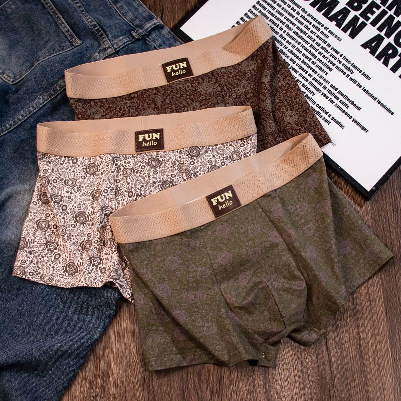【三条装】古典花印国风男士内裤棉质平角裤亲肤透气四角裤头新款