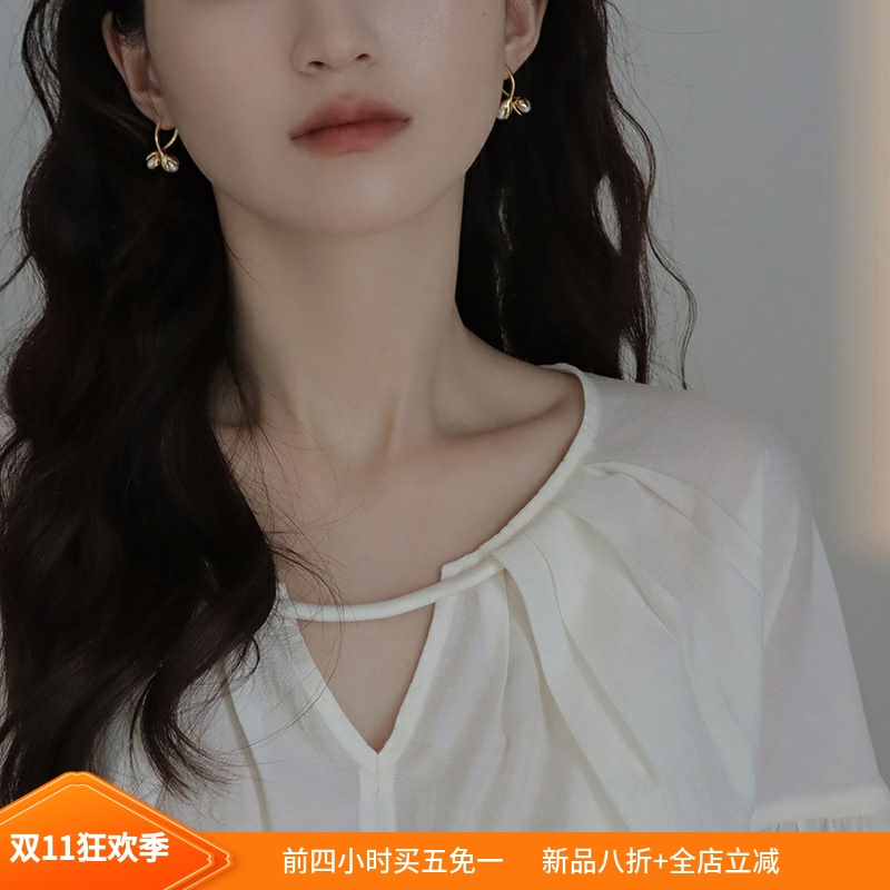 迷度S925银针复古气质玉兰花苞珍珠耳环时尚后挂式耳钉女超仙网红