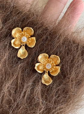 迷度vintageS925银针法式复古耳钉精致立体花朵耳环华丽气质高级