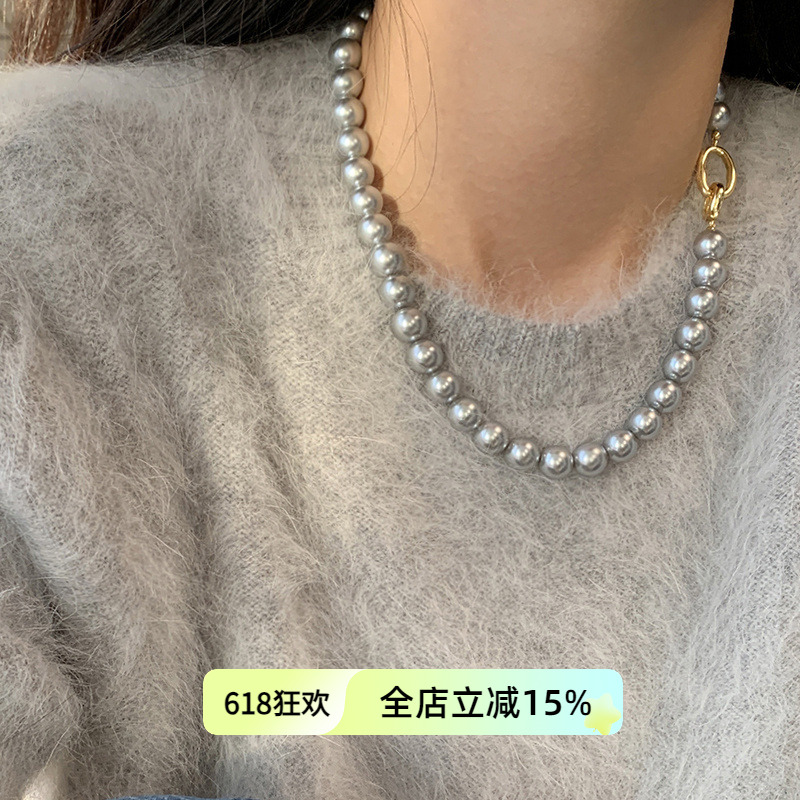 迷度清冷银灰色强光人造珍珠项链秋冬毛衣链轻奢女高级感卫衣配饰