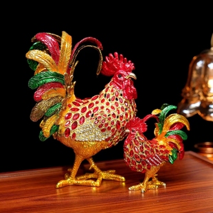 轻奢商务礼品珐琅彩大钻公鸡办公室创意风水摆件金属生肖工艺品