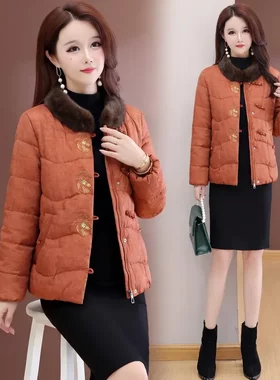 新中式风毛领鹅绒服女冬季新款保暖橘色短款白鹅绒羽绒服时尚洋气