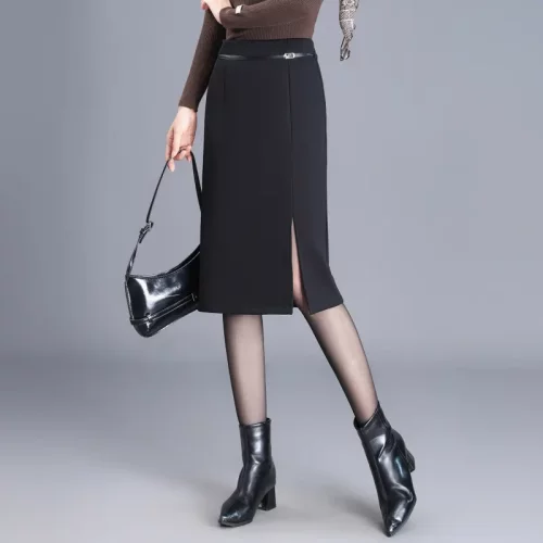 高腰黑色开叉直筒半身裙女2026秋季新款中长款显瘦通勤一步裙ol风