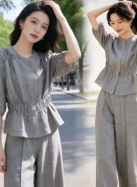 休闲风套装女2026夏季新款灰色两件套高级感宽松阔腿裤松弛感穿搭