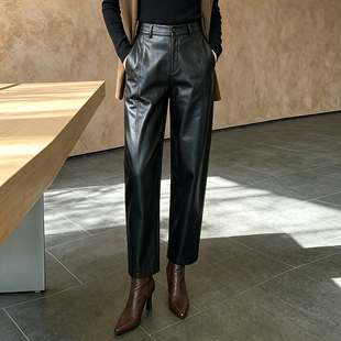 复古酷飒风高腰皮裤女2026秋季新款黑色修身显瘦九分哈伦裤通勤潮