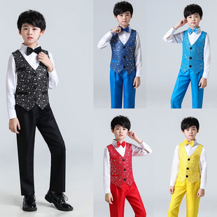 男童西装马夹儿童钢琴节目表演出服亮片男孩黑色礼服主持走秀马甲