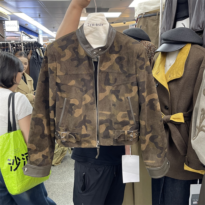美式复古迷彩短款鹿皮绒外套女春秋季高级感个性宽松拼接夹克上衣