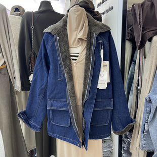 韩版大码仿水貂绒毛领工装牛仔外套女冬季中长款宽松加厚棉服上衣