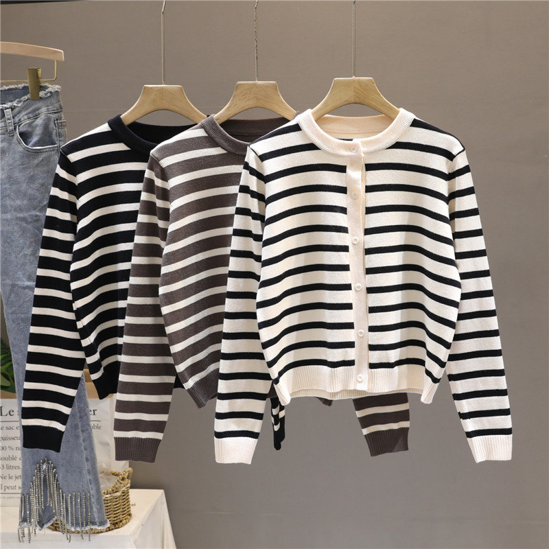 撞色圆领条纹针织开衫女2024春秋新款时尚洋气百搭短款毛衣小外套,女装/女士精品,毛针织衫,淘宝优惠券,粉丝福利购,淘宝优惠卷