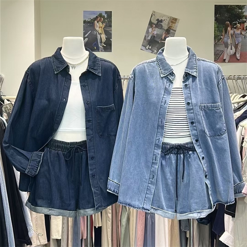 时尚气质纯色牛仔衬衫套装女秋季新款宽松显瘦大码上衣短裤两件套