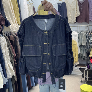 新款 韩版 牛仔马甲女春季 无袖 设计感抽绳收腰马夹外套 复古圆领大码