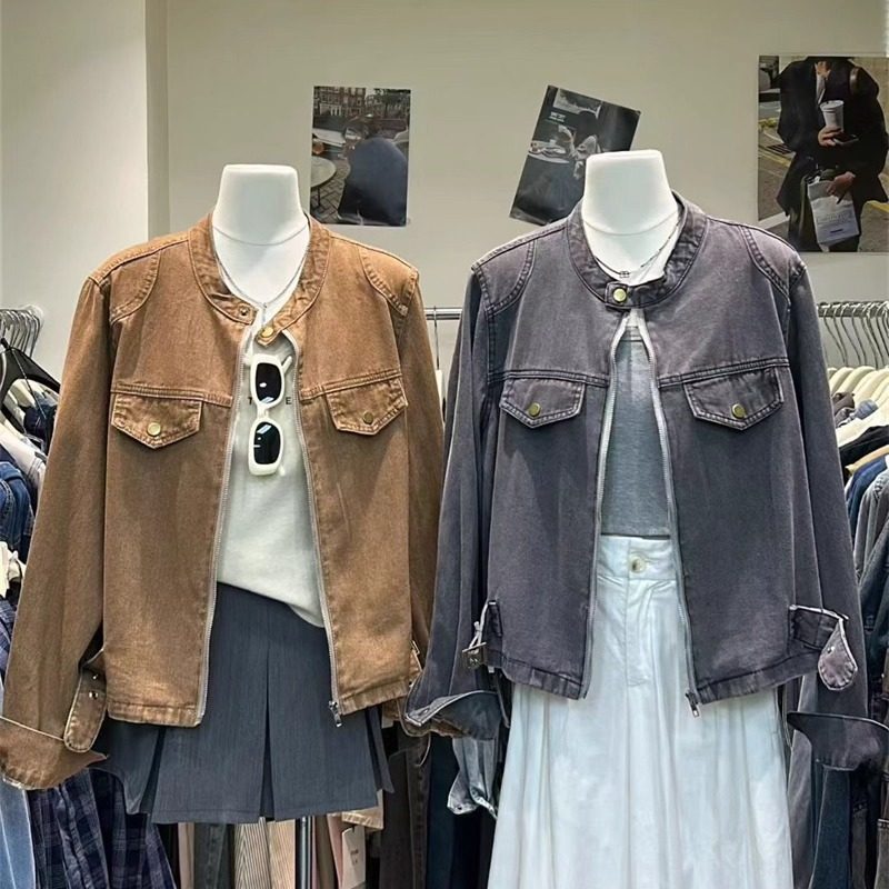 韩版立领拉链短款牛仔外套女秋季新款机车风宽松休闲百搭夹克上衣