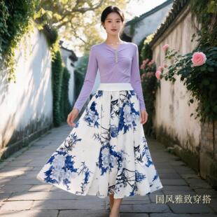 气质复古国风女款半身纱裙百搭印花中高腰中长款半身裙Q3031