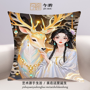 神鹿少女十字绣抱枕2025年新款客厅沙发卧室靠枕小件手工刺绣满绣