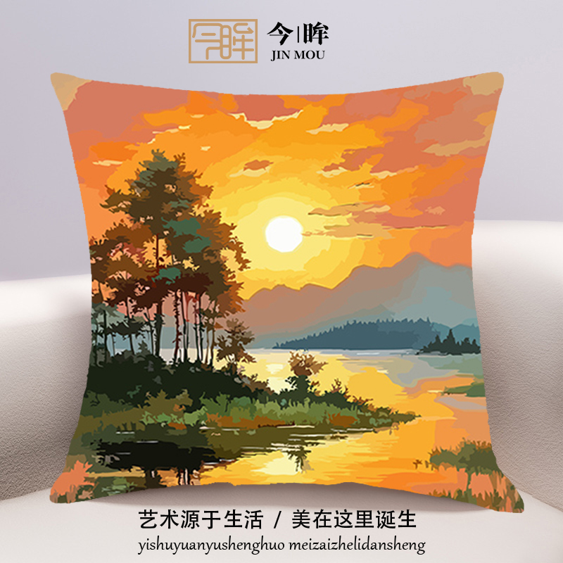 落日余晖十字绣抱枕2025年新款客厅沙发卧室靠枕小件手工刺绣满绣