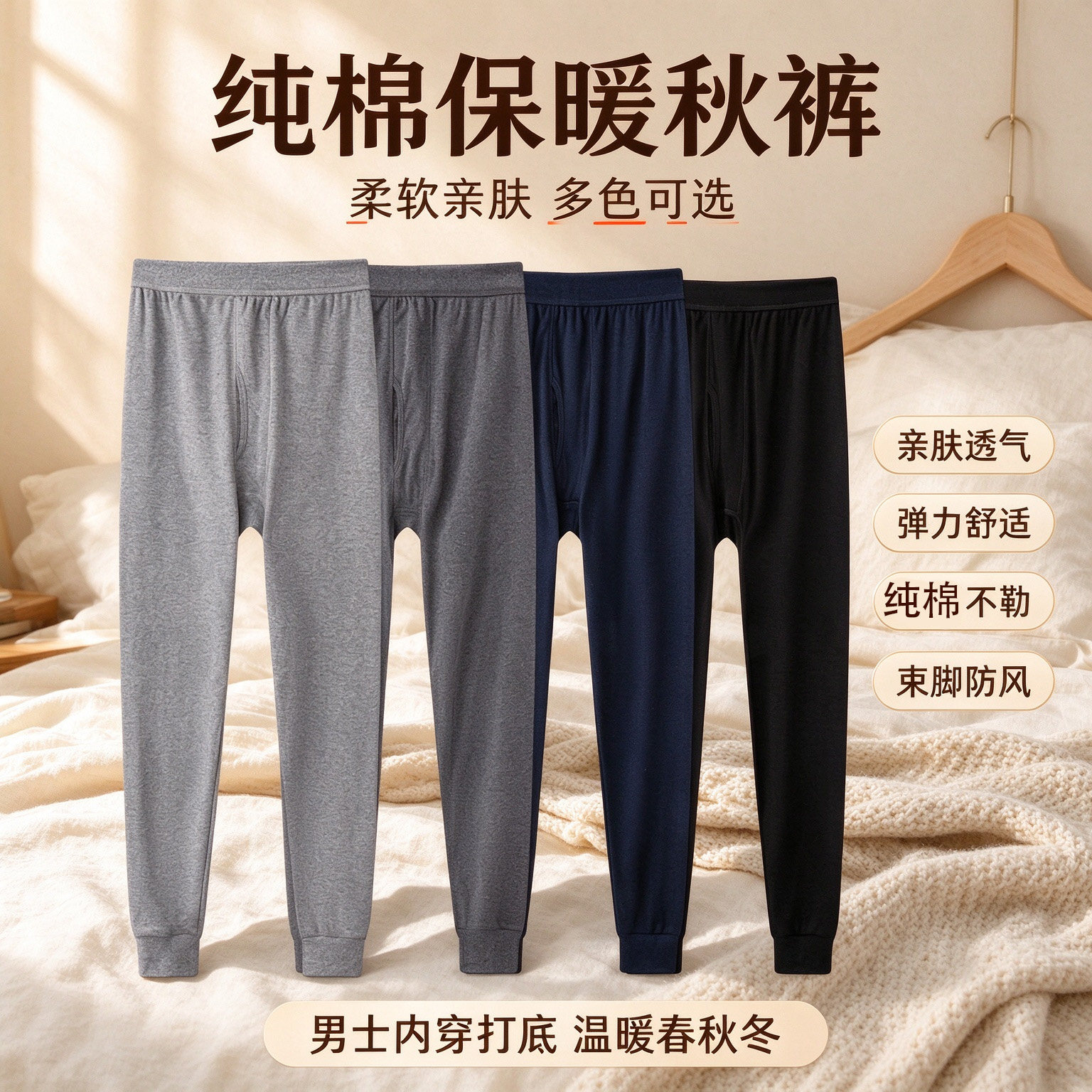 男士纯棉保暖裤秋冬季内穿棉质打底修身束脚防寒线裤全棉棉裤男