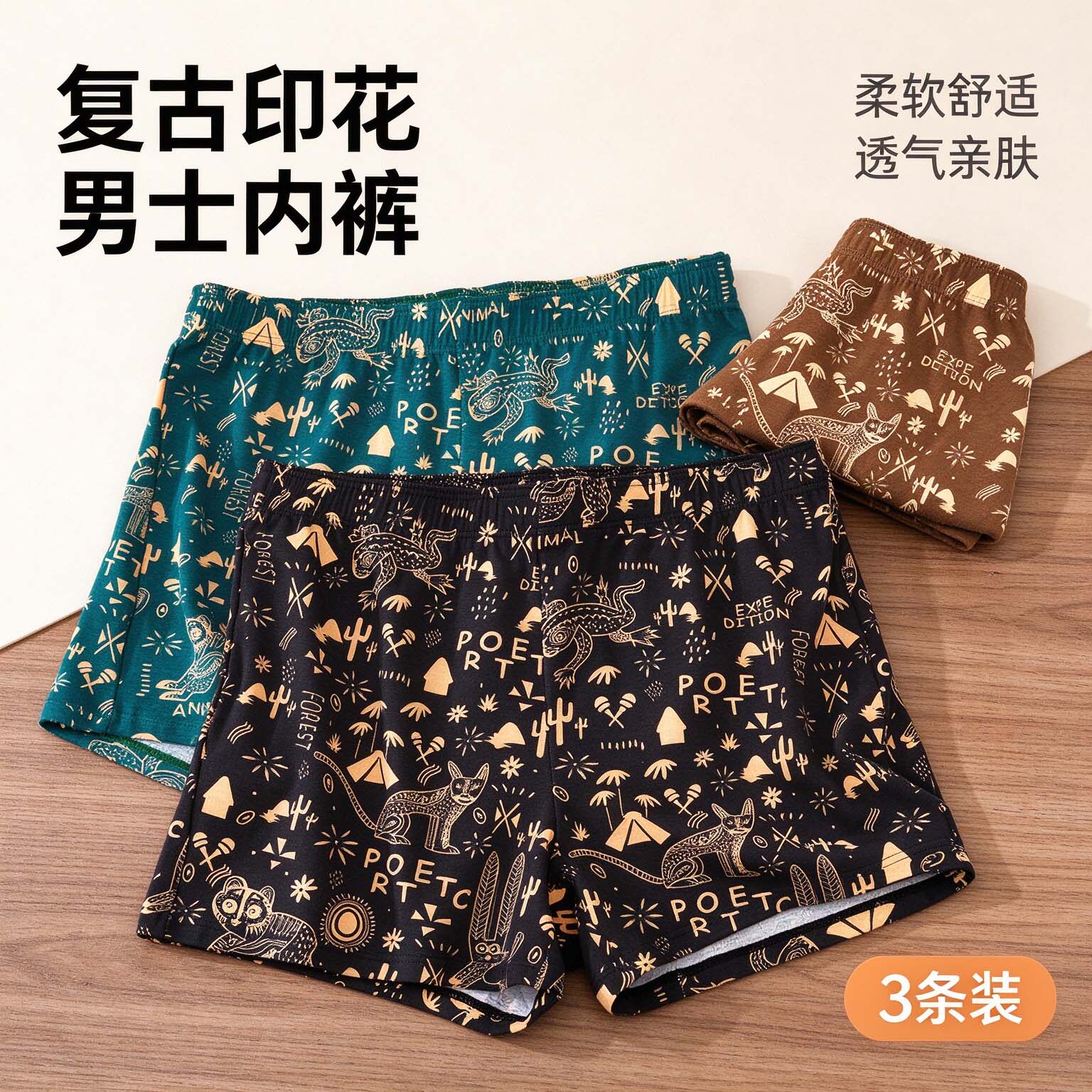 复古印花男士阿罗裤棉质宽松透气内裤青年平角裤头男款潮流四角裤